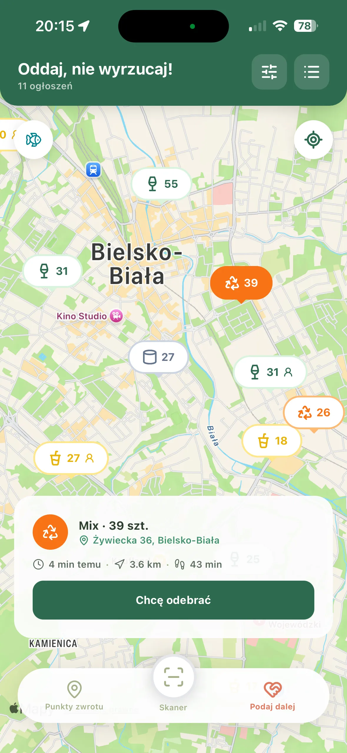 Mapa punktów zwrotu w aplikacji Botlo